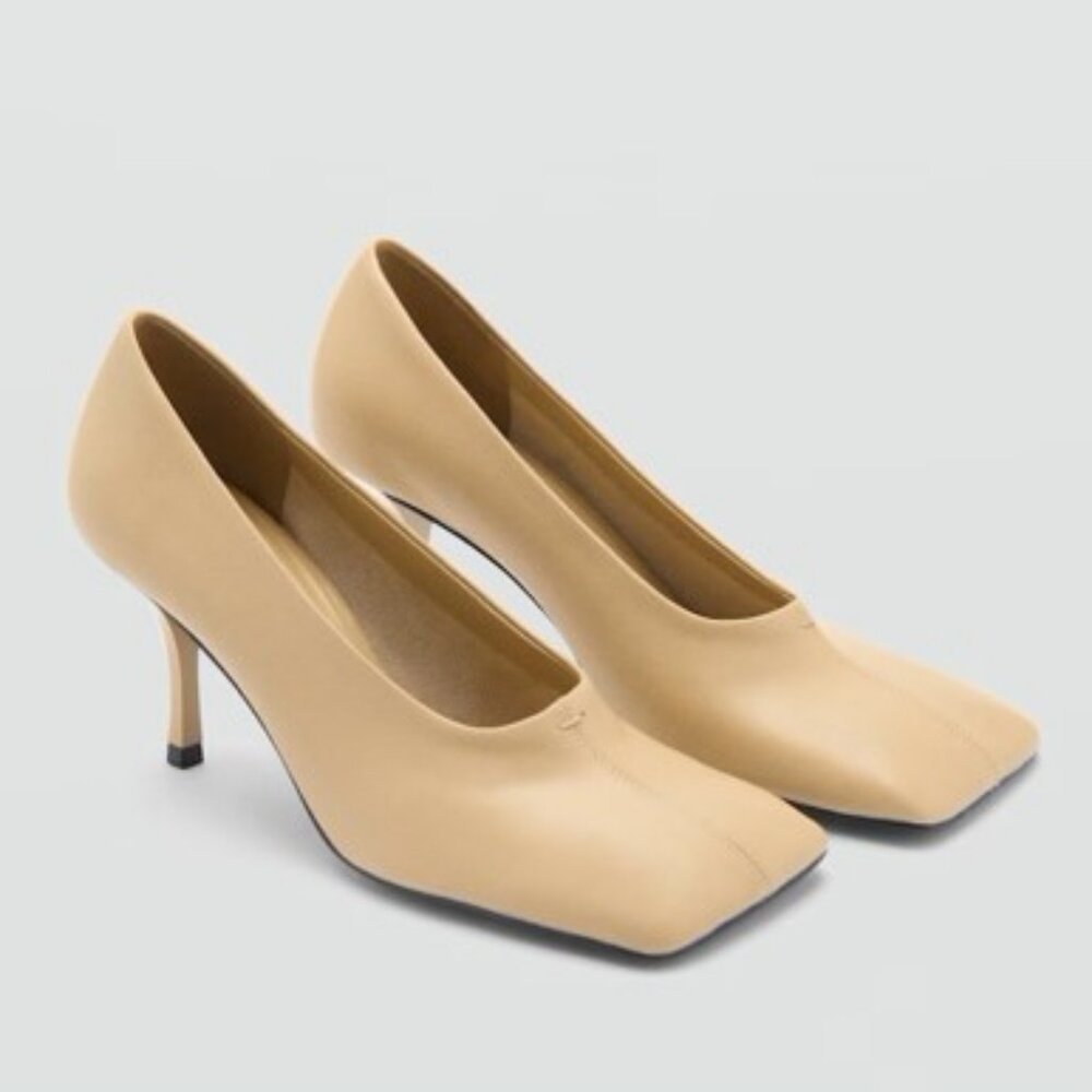 Mango Beige Square-Toe Mid-Heel Pumps